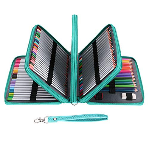 BTSKY PU Leather 200 Inserting Super Large Capacity Multi-Layer Students Colored Pencil Wrap Storage Case Bag Pouch Holder Stationery Organizer, Green(no Pencils)