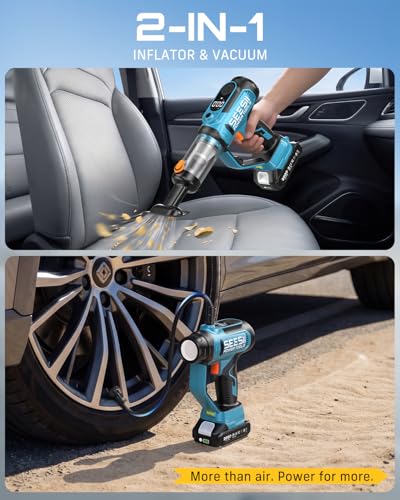 SEESII 2-in-1 Tire Inflator & Car Vacuum with 2×2000mAh Batteries, 150PSI Rapid Portable Air Compressor, 20000Pa Suction, 21V Cordless Air Pump, Digital Gauge, LED Light for Car, Ball, Bike, Home