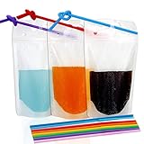 TOMNK 100pcs Clear Drink Pouches Bags Smoothie Bags Reclosable Zipper Heavy Duty Hand-held Translucent Stand-up Plastic Pouches Bags Drinking Bags 2.4" Bottom Gusset with 100pcs Straws