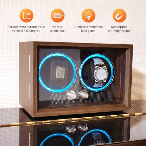 BeSokar 2 Watch Winder Black Walnut Wood 4 Rotation Modes LED Light Ultra Quiet