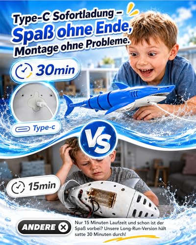 KOKODI Remote Controlled Robot Shark for Children from 3 Years - RC Water Toy with Light & Waterproof Remote Control, Summer Pool Toy, Bath Toy, Birthday Gift Boys Girls