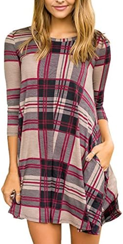 Yobecho Womens Plaid Stripe Swing Tunic Dress Casual T-Shirt Dress Pockets