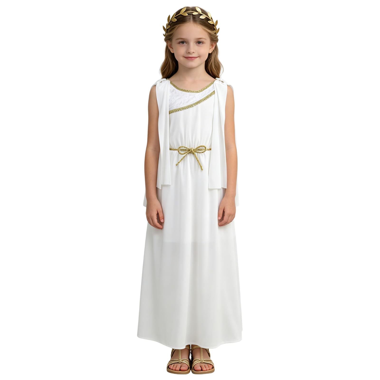 maxToonrain Ancient Greek Goddess Girls Costume 2 PCS Kids Roman Sleeveless Costume with Golden Browband for World Book Day Christmas Halloween (X-Large,140 CM)