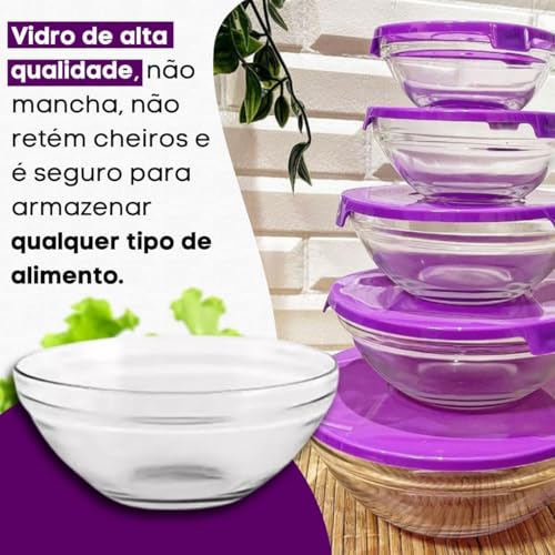 Kit Conjunto 5 Potes de Vidro Organizadores de Cozinha Tigelas de Vidro Armazenar Alimentos Saladas Frutas e Marmitas Tampa à Prova de Vazamentos Premium - Cores Sortidas