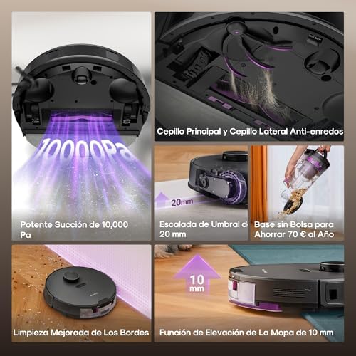Robot Aspirador Fregasuelos de 10kPa, Aspirador Robot Antienredo, Autolimpieza, Autovaciado, Navegación Láser, Elevador 10 mm, 180 Min, Suelos Duros, Baldosas, Alfombras, E20 EVO Plus Negro