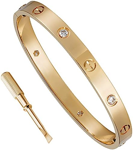 Stainless Steel Couple Jewelry Screw Oval Love Bracelet Bangle with Stones (6.3"inches rose gold with stone)