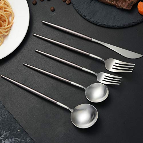 Artthome 20-Piece 18/10 Stainless Steel Flatware Silverware Dinnerware Set Cutlery Tableware Include Knife Fork Spoon (Brown and Silver Matte) - Thumbnail 6
