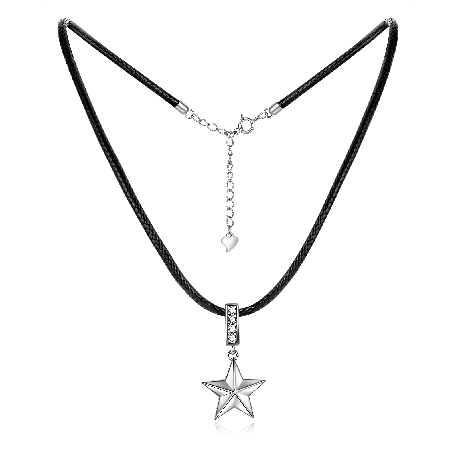 VONALA Sterling Silver Star Choker Necklace Faux Leather Cord Chain Pentagram Pentacle Necklaces Gift For Women Teen Girls,14+2"