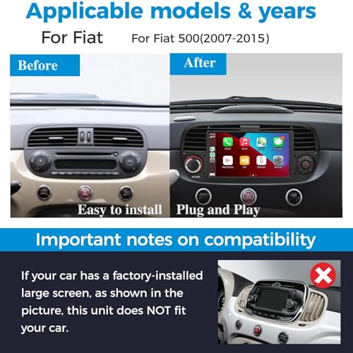 HLLECARMO Car Radio Fiat 500 2007-2015 Wireless Carplay & Android Car, 7 Inch Fiat 500 Car Radio with Bluetooth 5.0 Touchscreen RDS/AM/FM/USB DSP Mirror Link Subw EQ Steering Wheel Control- Black