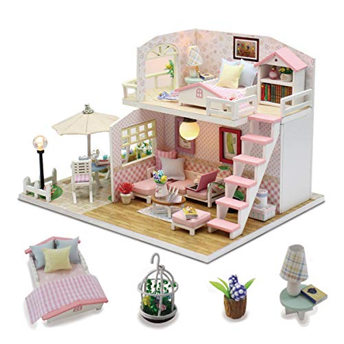 GuDoQi DIY Miniature Dollhouse Kit, Tiny House kit with Dust Cover and Music, Miniature House Kit 1:24 Scale, Girl's Birthday Gift, Present for Halloween Thanksgiving Christmas, Princess Pink Loft