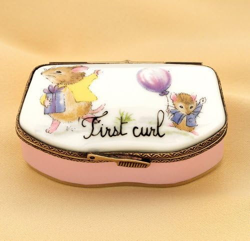 Authentic French Limoges Porcelain Pink Baby Girl First Curl Box with Mice and Comb Clasp.