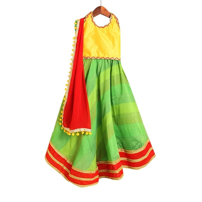Kids Chakra By Hopscotch Girls Cotton Shaded Lehengas & Blouses In Green Color