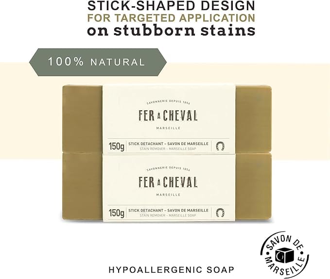 Fer à Cheval Marseille Soap Stain Remover Stick 2 Pack - Natural, Hypoallergenic, Travel-Sized Laundry Solution, 150g/5.29oz (Stick)