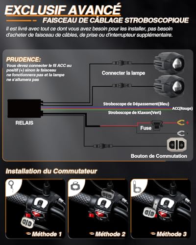 BraveWAY 60W 18000LM Motorcycle Additional Lights Upgraded LED Auxiliary Fog White Amber Waterproof 9 Modes Strobe Wiring Harness Kit Plug and Play and 2 Mounting Brackets