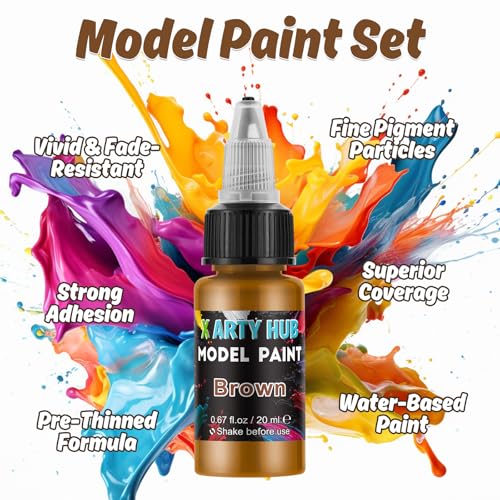 X ARTY HUB Model Paint Set - 20 Colours with 3 Brushes, Miniature Paints (Base/Skin Tones/Shadows/Metallics) for Airbrushing & Hand Painting, Acrylic paint for Models, Miniatures & Wargaming Props