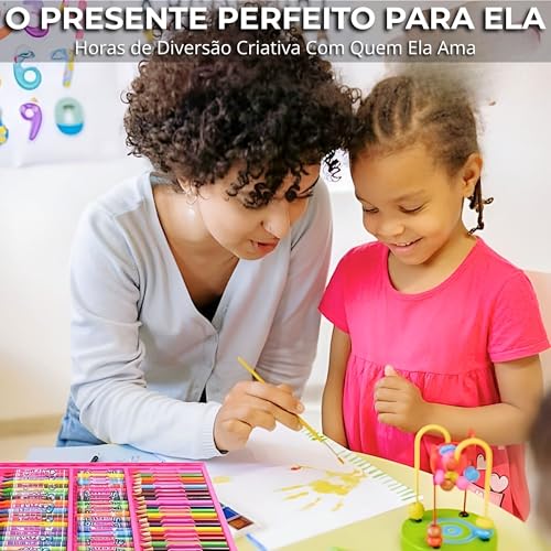Maleta de Pintura Infantil 86 Peças — Estojo Rosa, Lápis de Cor, Canetinha, Giz de Cera, Aquarela e Pincel, Para Meninas 4 a 12 Anos, Escola e Presente