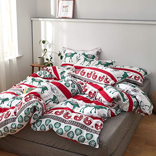 Uozzi Bedding King Duvet Cover Set Christmas Deer with Snowflake Red and Green Style 800 - TC Luxury Hypoallergenic 1 Microfiber Comforter Cover with 2 Pillow Shams for Holiday New Year Gift Choice - Thumbnail 4