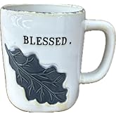Rae Dunn by Magenta Fall Thanksgiving Themed Coffee Tea Ceramic Mug (White with Leaf Design (Blessed))