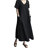 AUDATE Women's Maxi Dress Solid Plus Size Loose Cotton Linen Long Dresses with Pockets