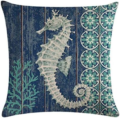 Nunbee Linen Decorative Throw Pillow Cover Square Cushion Covers Pillow Cases Couch Sofa Bed Home Decor 18x18 Inch / 45x45 cm -- seahorse