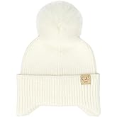 C.C Kids Ear Flap Fur Pom Beanie for Boys Girls - Comfortable Soft Warm Children Youth Knit Skully Hat with Faux Fur Pom