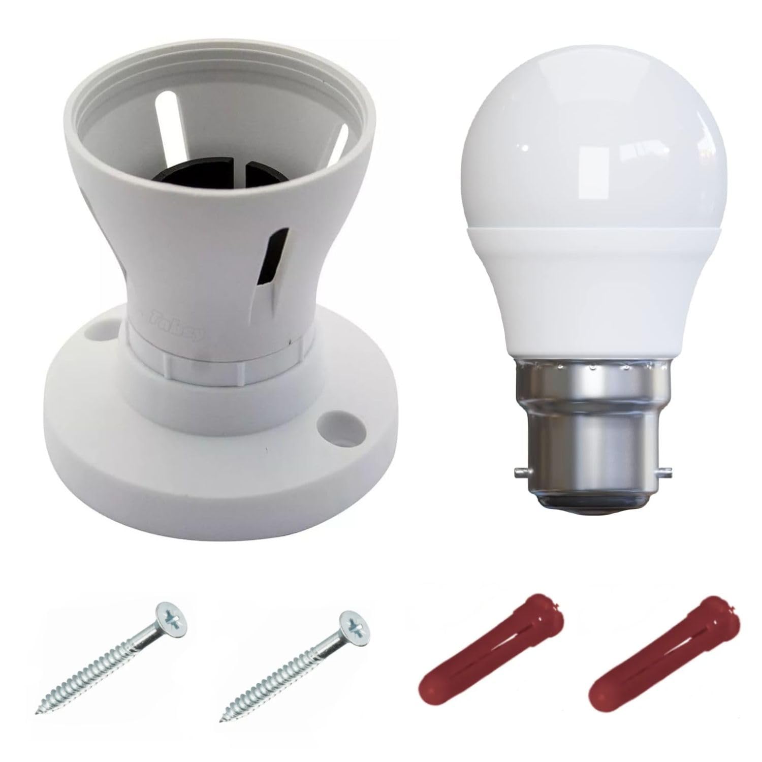Tabsy Bayonet Batten White Ceiling Lamp Holder BC B22 Light Bulb Socket Fitting | Energy-Saving 5W LED Bulb & Installation Kit (2 Wall Plugs & Screws)
