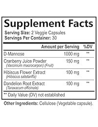 D-Mannose cápsulas con arándano para soporte UTI 1350 mg – Limpieza de tracto urinario de fuerza extra y salud de vejiga, pastillas de acción rápida naturales con diente de león y hibisco, para hombres y mujeres, 1