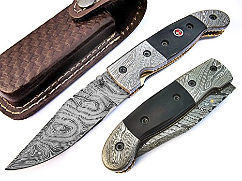 Heavy weight folding knife damascus steel blade horn ha…