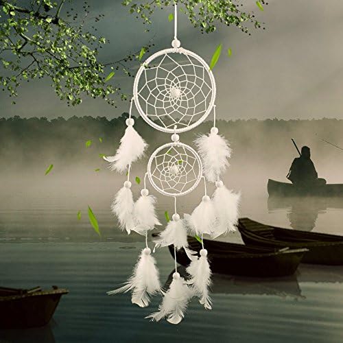 TOOZI Traditioanl Handmade Geometric Big Pure White Gypsy Multi Circles Dream Catcher with Pure White Feathers Wall Hanging Ornament