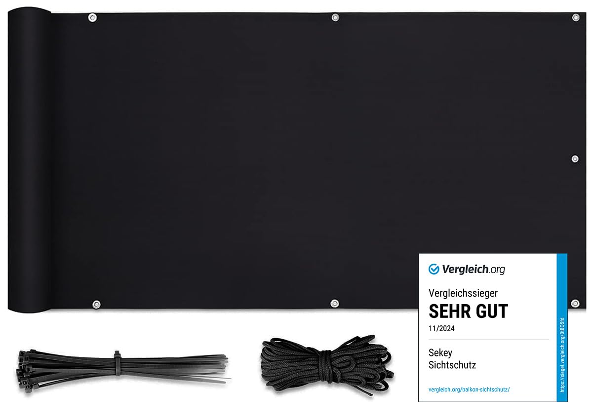 Sekey Balcony Privacy Screen, PES Opaque Weatherproof Wind Protection for Garden Fence or Balcony, Protection from Prying Eyes, with Eyelets, Nylon Cable Ties and Cord, 0.9 x 6 m, Black