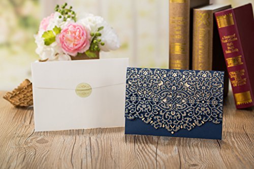 50pcs Elegant Laser Cut Wedding Invitations Cards with Envelopes and Stickers (Dark Blue)