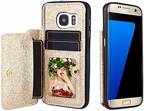 CSTOP ZOOM Series, Galaxy S7 Edge Wallet Case, 2 ID Credit Card Slot, Cash Slot, Button Snap, Flip-Out Back Leather Drop Protection Case For Samsung Galaxy S7 Edge - Glitter Gold