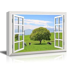 Canvas Wall Art - Window Peering into a Field with a Lone Tree and Cows - Giclee Print Gallery Wrap Modern Home Art Ready to Hang - 12x18 inches