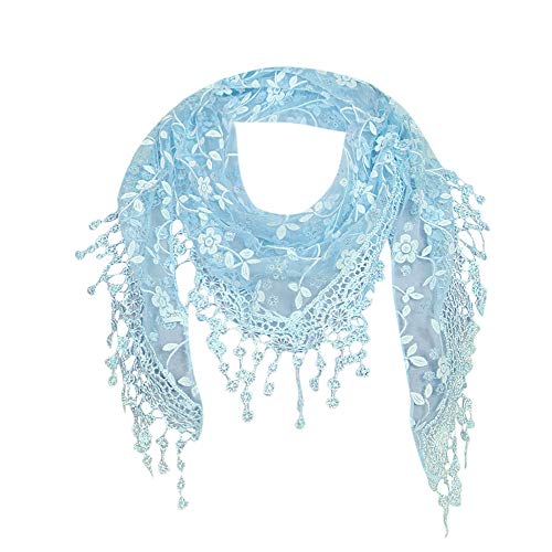 â¤ï¸ Maonet Clearance Lace Tassel Sheer Burnt-out Floral Print Triangle Mantilla Scarf Shawl Neck Wrap (Blue)
