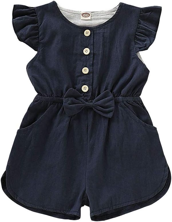BOBORA Toddler Girl Kid Summer One-Piece Frilly Sleeves Jumpsuit Children Solid Cotton Overall Shorts Clothing 1-5Years