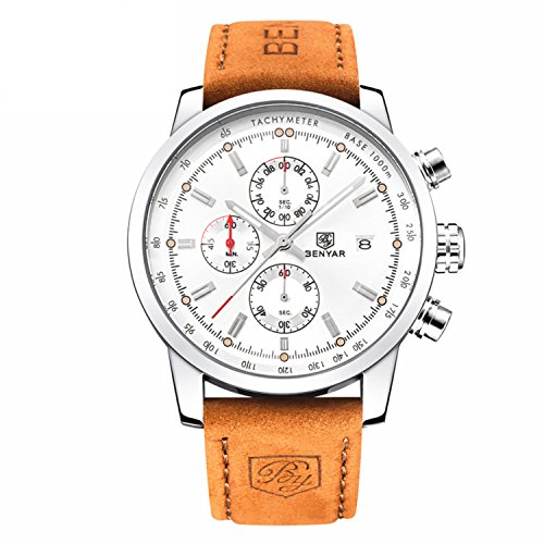 FOVICN Men's  Fashion Business Quartz Watch with Brown Leather Strap Chronograph Waterproof Date Display Analog Sport Wrist Watches, White