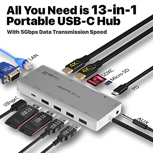 [Latest 2020] USB C Hub 13-in-1 with 4K Type C to 2X HDMI, VGA, 100W Charging, 3 USB 3.0, 3.5mm mic Audio Jack, SDXC/Micro SD Card Reader, Ethernet. USB-C Adapter for Type-C MacBook Air Pro, DELL, HP