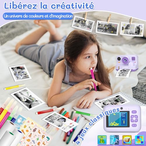 Instant Camera Child Gift Toy Girl Boy 3-12 Years, AWANFI Digital Video Camera 1080P 32GB Card with 3 Rolls of Paper and Bluetooth APP Printing