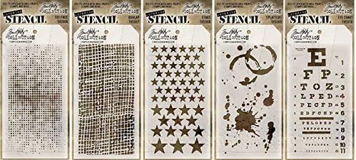 Tim Holtz Stencils Set - #6 to #10 - Dot Fade, Burlap, Stars, Splatters &amp; Eye Chart - 5 Item Bundle