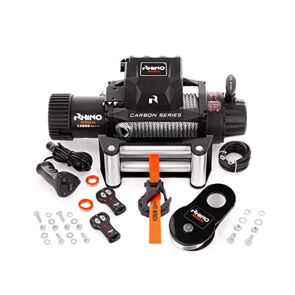 Rhino 12V Elektrische Seilwinde Stahl mit Fernbedienung und Mobilteil, 13,500lb/6125kg - Carbon