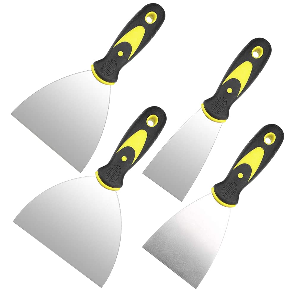 CODIRATO 4 x Stainless Steel Putty Knife Metal Coating Spatula DIY Durable Spatula Coated Smoothing Professional Spatula Paint with Handle for Patching and Painting (1.5/3/4/6 Inch)