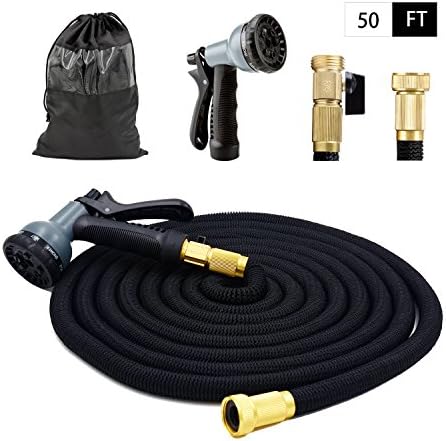 50 Feet Expandable Garden Hose - With Strongest Triple Core Latex & Solid Brass Fittings, Solid 8 Pattern Spray Nozzle USA Standard, Expending Kink Free Easy Storage, Best Flexible By HappyHomey