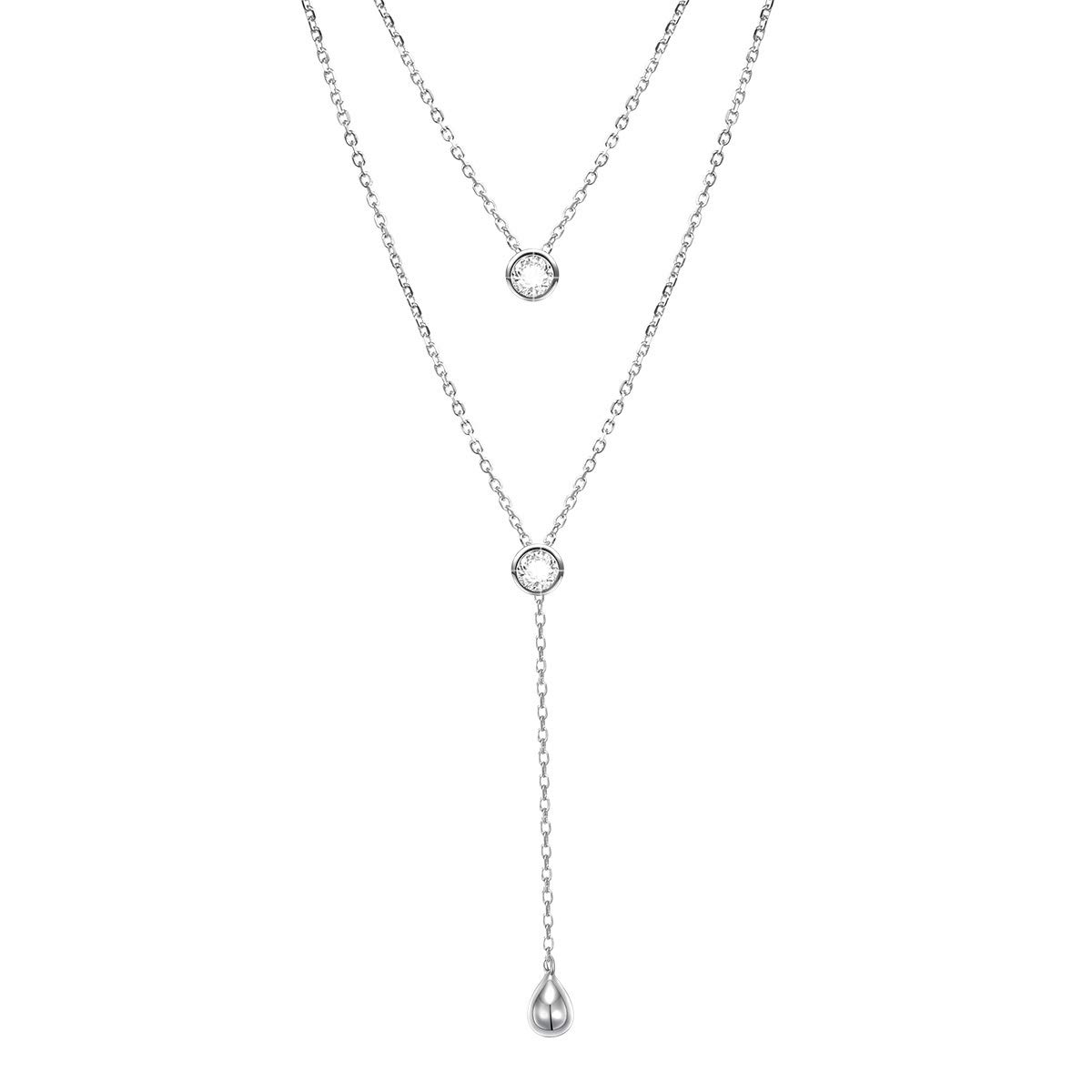 DAOCHONG Layered Necklace S925 Sterling Silver Teardrop Round CZ Double Choker Y Lariat Necklace Valentines Day Gifts for Women