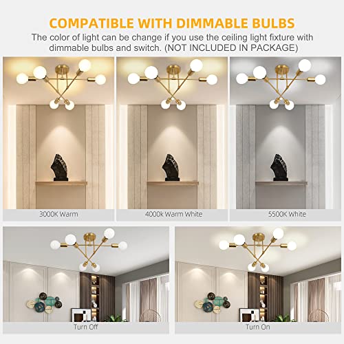 namito Deckenleuchte Vintage Wohnzimmer, 6 Flammige Vintage Deckenlampe Retro Kronleuchter Gold Vergoldet für Esszimmer Küche Bar Restaurant, 230V, E27 Fassung, Ohne Lampen