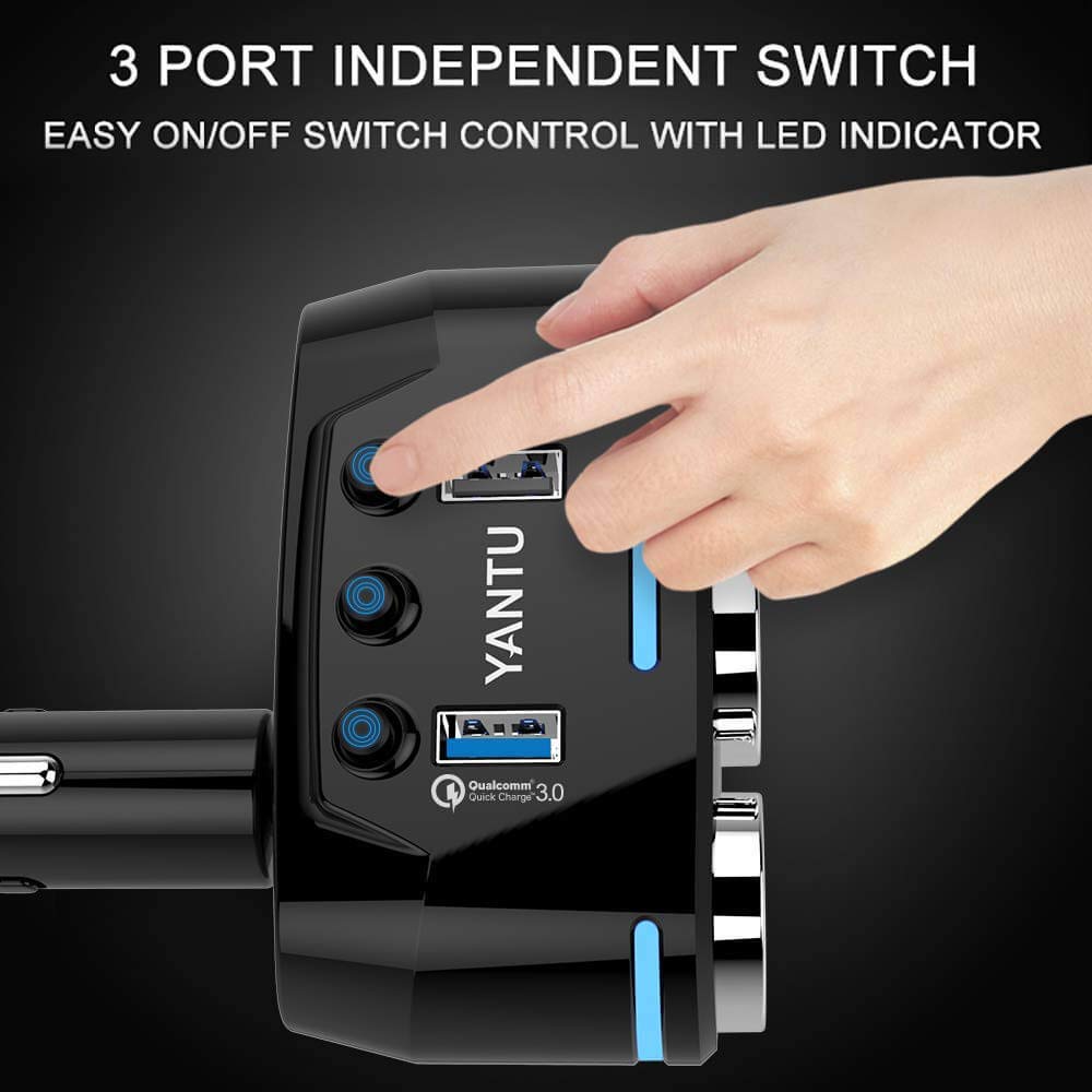 3-Socket Cigarette Lighter Splitter, YANTU 120W Car Multi Cigarette Lighter Socket Splitter 2USB Charger DC 12V/24V Power Adapter with On/Off Switch for iPhone iPad Samsung GPS (A)
