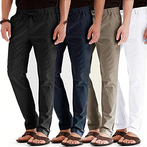 Men's Joggers Linen Breathable Loose Long Pants Solid Color Straight Trousers Green - Thumbnail 3