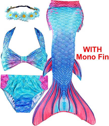 Garlagy 3 Pcs Girls Swimsuit Mermaid Tails for Swimming Bikini Set Bathing Suit Swimmable Can Add Monofin for 3-14Y (3T-4T/Ht:42-44in(tag 110), A- Blue Flame (with Monofin))