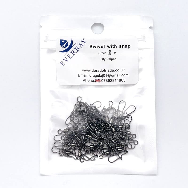 EVERBAY Stainless Steel Rolling Fishing Swivels with Snap Swivel Fishing Line Connectors Hight Strength for Saltwater & Freshwater Fishing accessories - set/50pcs, size 8#