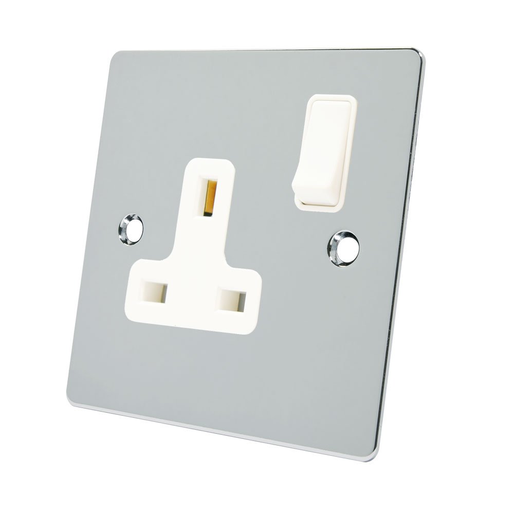 Alliance Electrical FPC1GSOCWH 13 A 1 Gang White Insert Single Plug Socket Flat Plastic Rocker Switch - Polished Chrome