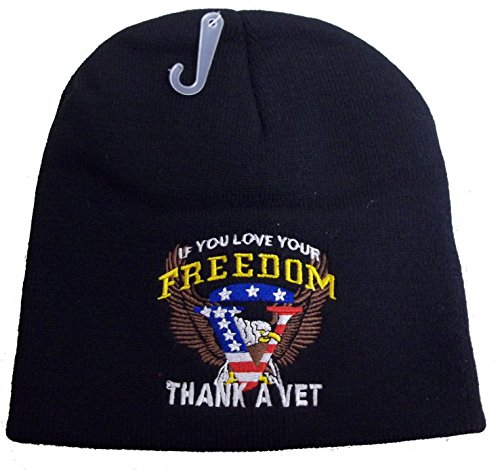 8" IF YOU LOVE YOUR FREEDOM THANK VET BEANIE HAT veteran cap skull flag military